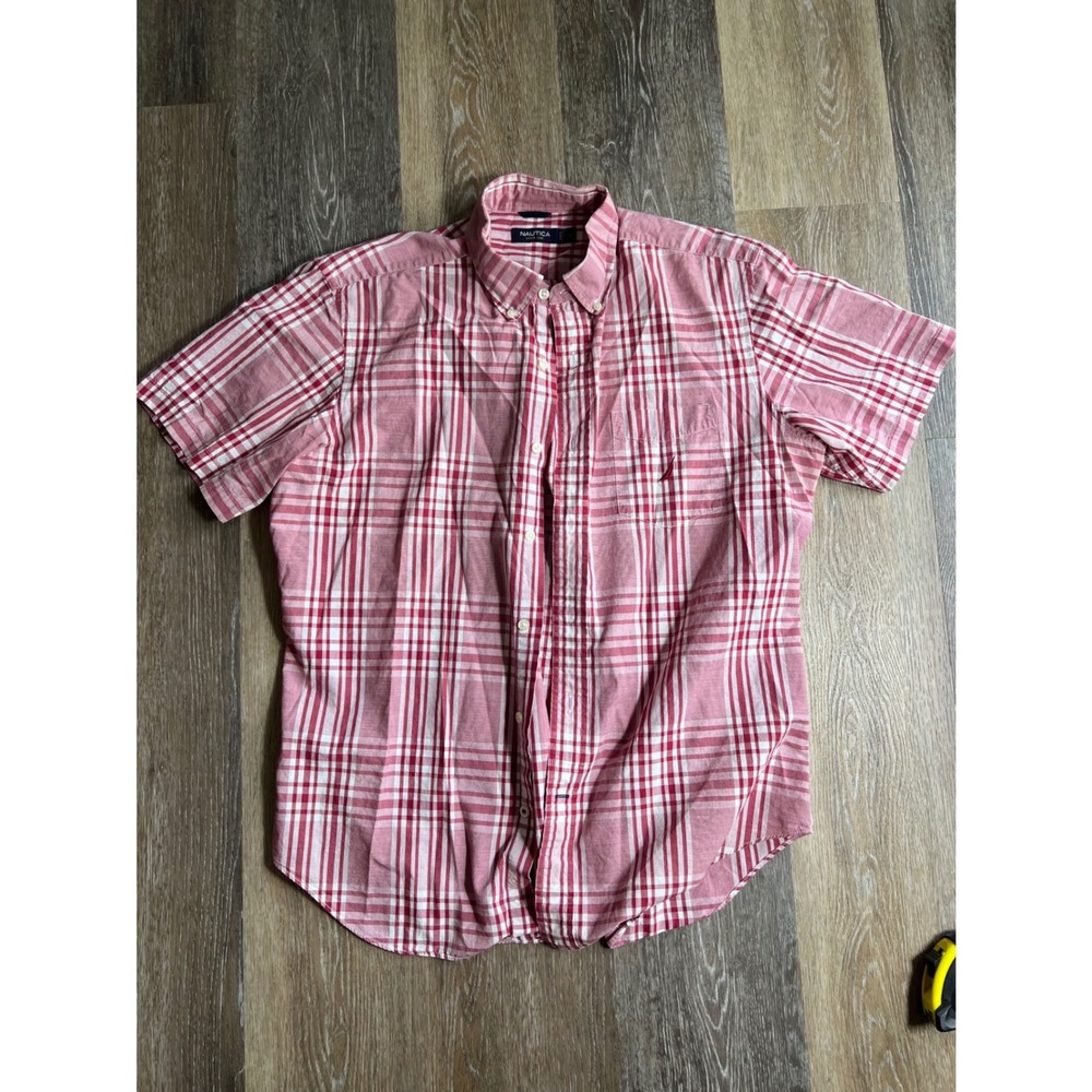 Nautica Plaid Button Down Shirt Mens Large Red White Excellent Short Sleeve L